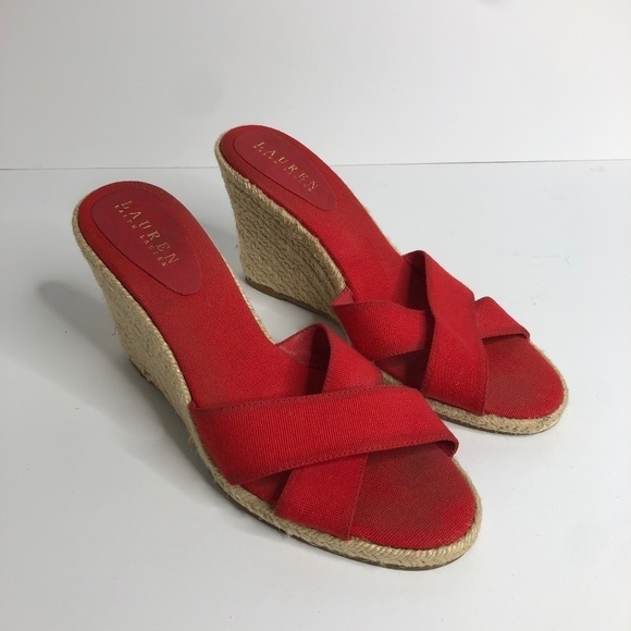 Ralph Lauren Espadrille Wedges Womens  Size 9.5 Red‎ - Picture 1 of 9